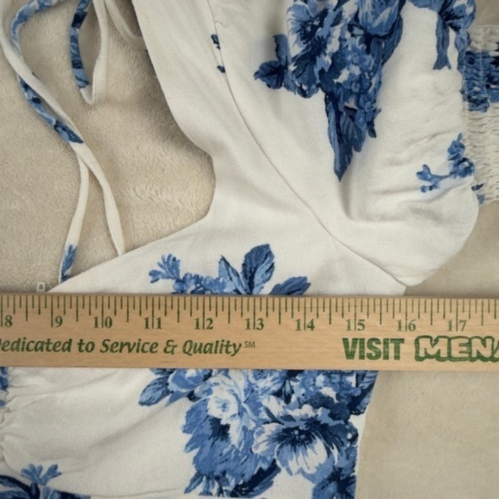 Linen Blend Blue Floral Puff Sleeve Midi Dress Cottagecore Milkmaid Garden Party - Picture 4 of 8